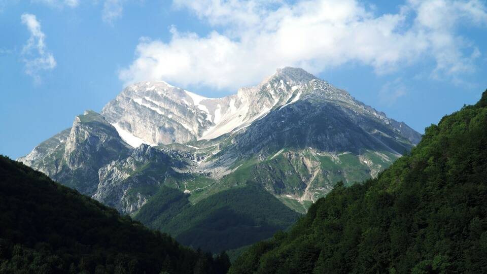 A mountain with snow-capped peaks, dense green forests, and a clear blue sky.