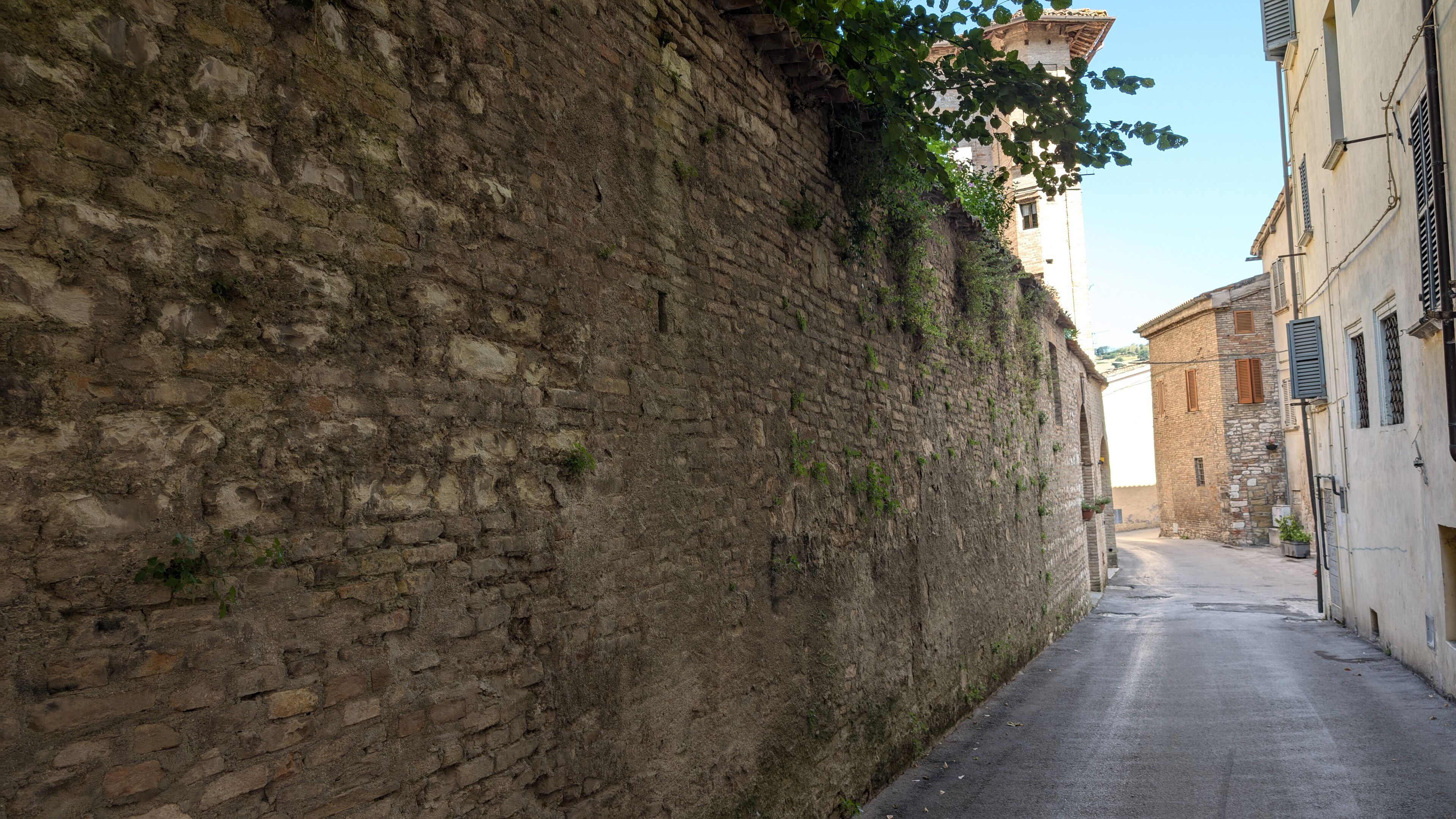 A narrow street flanked by old stone buildings with ivy growing on the walls.