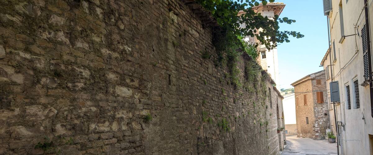 A narrow street flanked by old stone buildings with ivy growing on the walls.