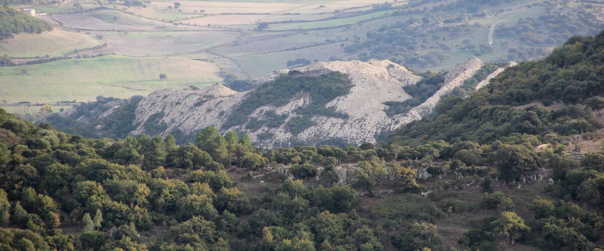 A valley with a rocky hill, dense forest, and scattered buildings.