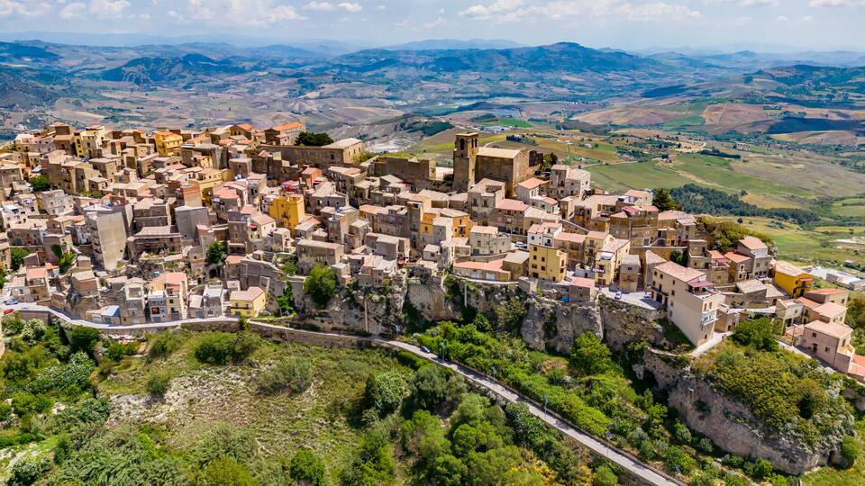 View of Calascibetta, in the Province of Enna, Sicily, Italy