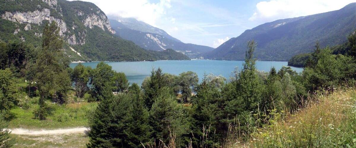 A lake surrounded by mountains and dense forest.