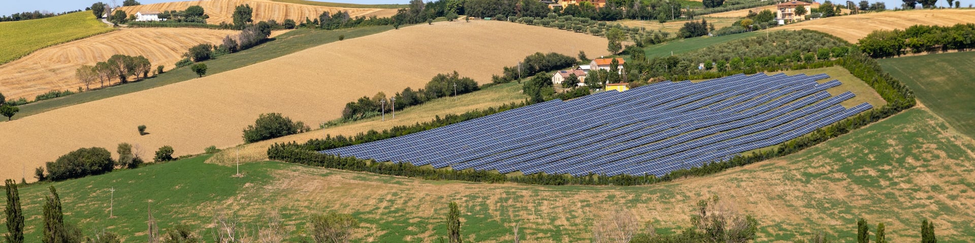 Solarcell park on the hills of the village of Monte Porzio in the province of Pesaro e Urbino in the Marche region of Italy.