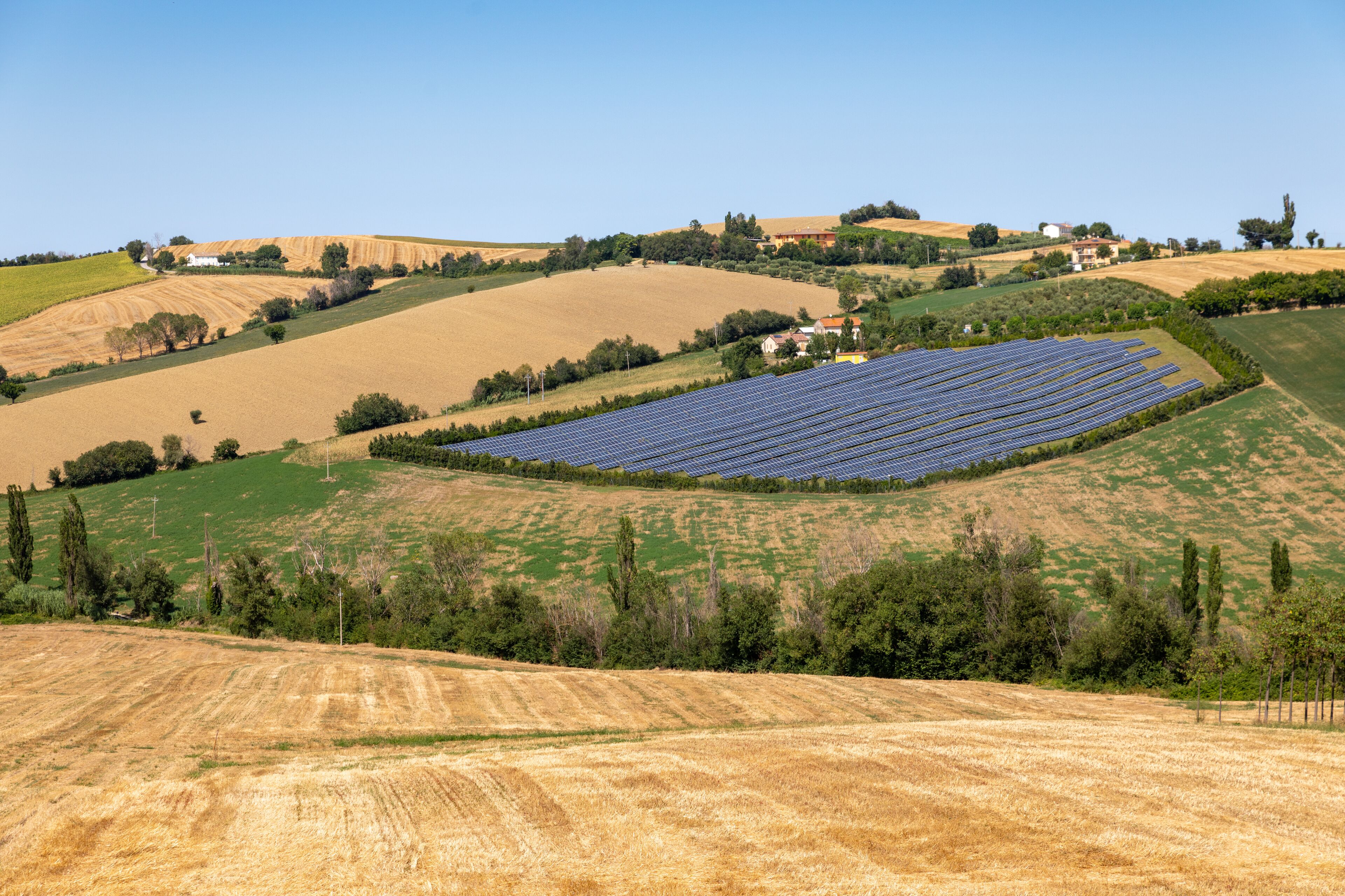 A solar farm in a hilly landscape with rolling fields and scattered trees.