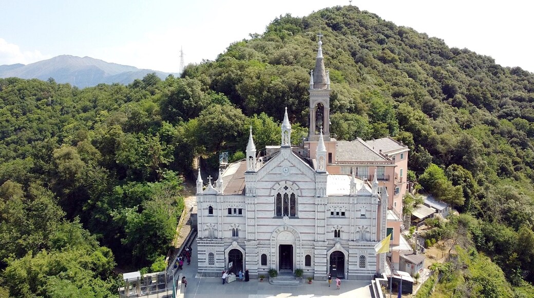Italy, Rapallo, Liguria, Drone aerial view of the Catholic Church sanctuary of Montallegro stands on the top of the mountain overlooking the sea of the bay of Portofino near Genova and Cinque Terre