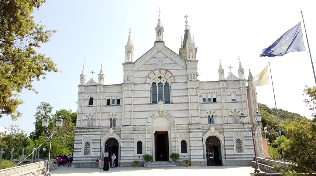 Italy, Rapallo, Liguria, Drone aerial view of the Catholic Church sanctuary of Montallegro stands on the top of the mountain overlooking the sea of the bay of Portofino near Genova and Cinque Terre