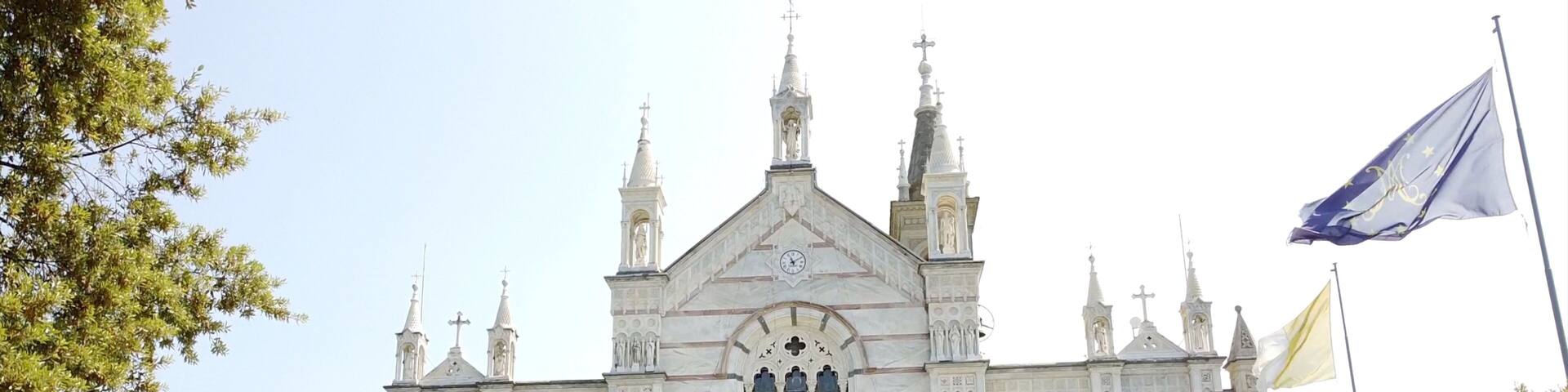 Italy, Rapallo, Liguria, Drone aerial view of the Catholic Church sanctuary of Montallegro stands on the top of the mountain overlooking the sea of the bay of Portofino near Genova and Cinque Terre