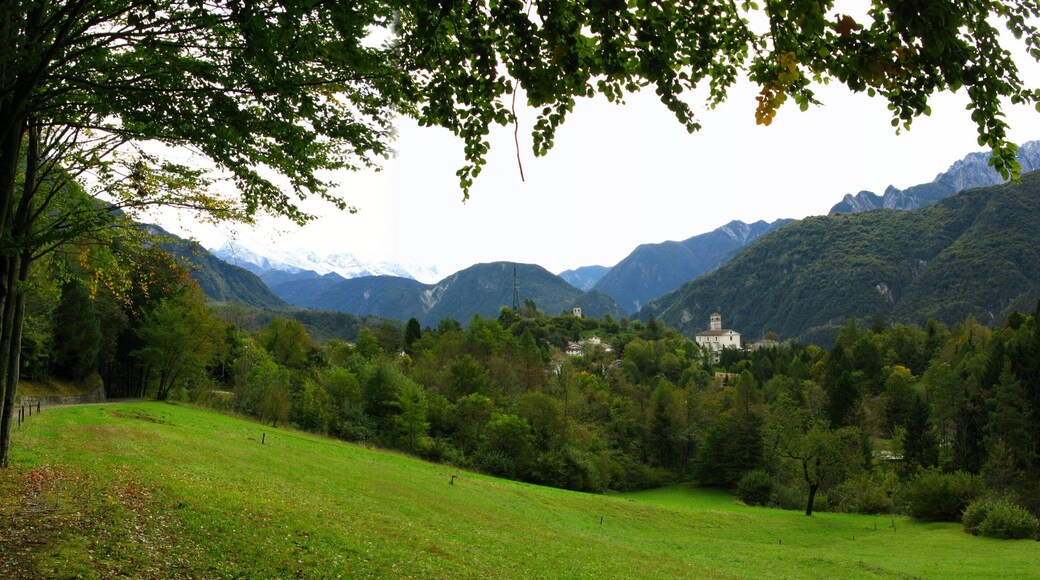 English: Moggio di Sopra part of Moggio Udinese in Canal del Ferro / Friuli-Venezia Giulia / Italy / EU. In the background the snow covered Mount Canin.