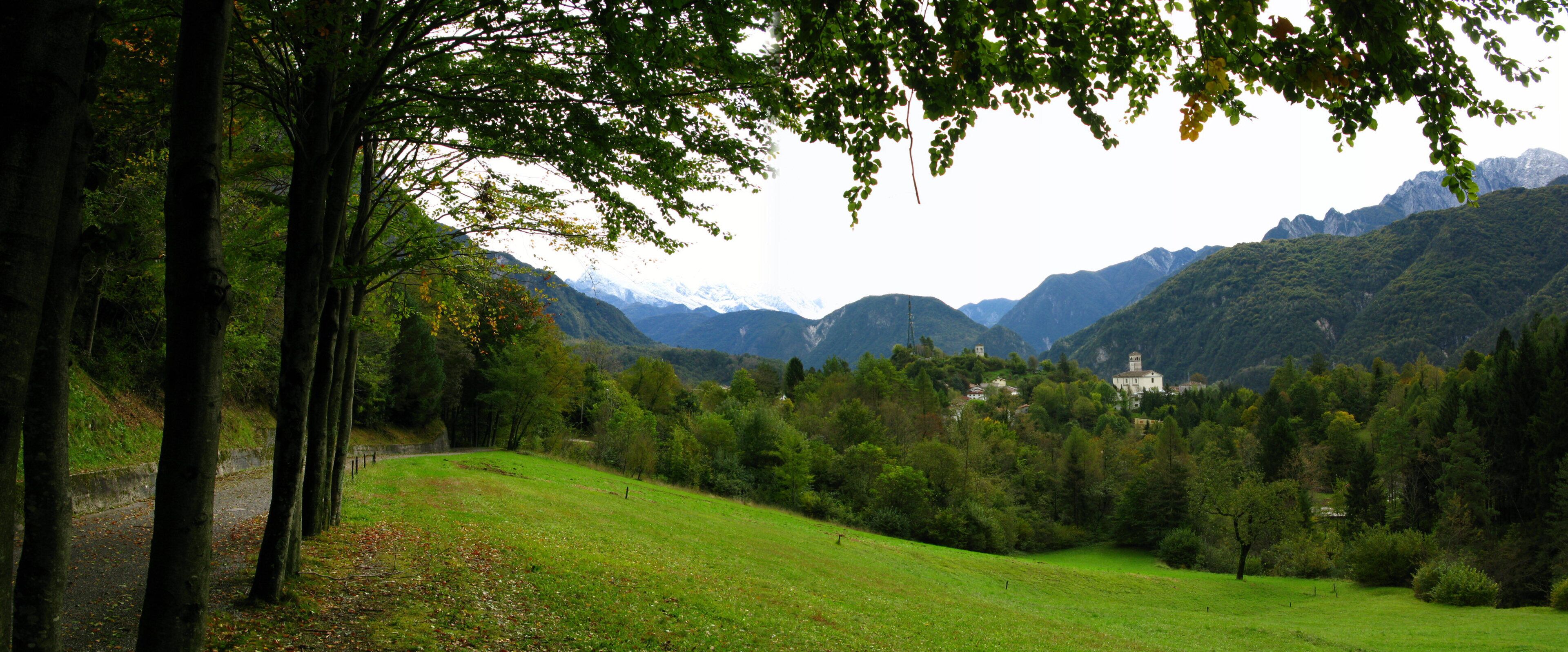 A lush green valley with a road, trees, and a mountain range in the background.