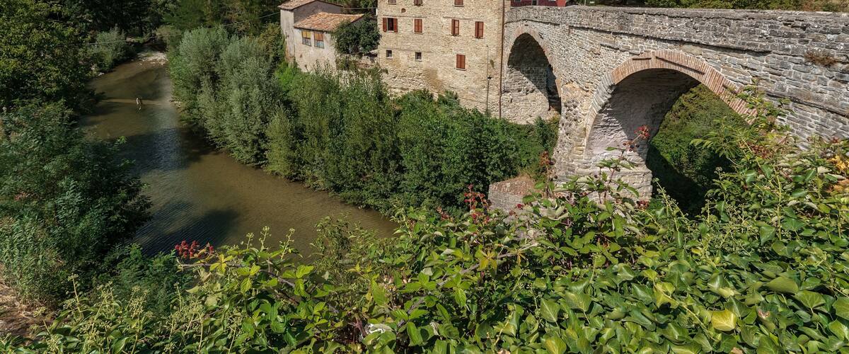 A stone bridge over a river, surrounded by lush greenery and houses on a hillside.