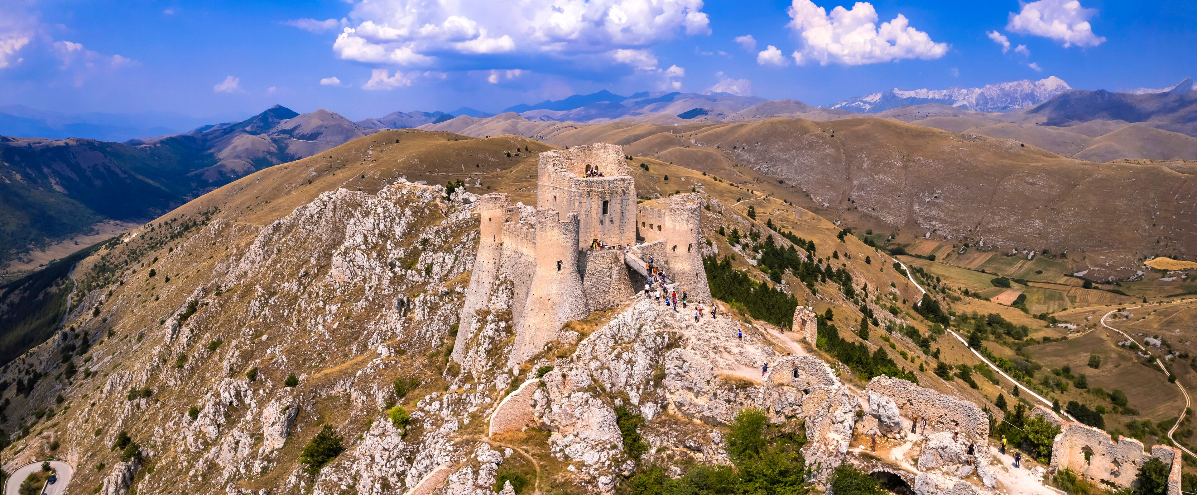 Abruzzo, Italy . The Castle of Rocca Calascio is a mountaintop fortress or rocca in the municipality of Calascio, in the Province of L'Aquila, highest castle in Italy. aerial drone panoramic view