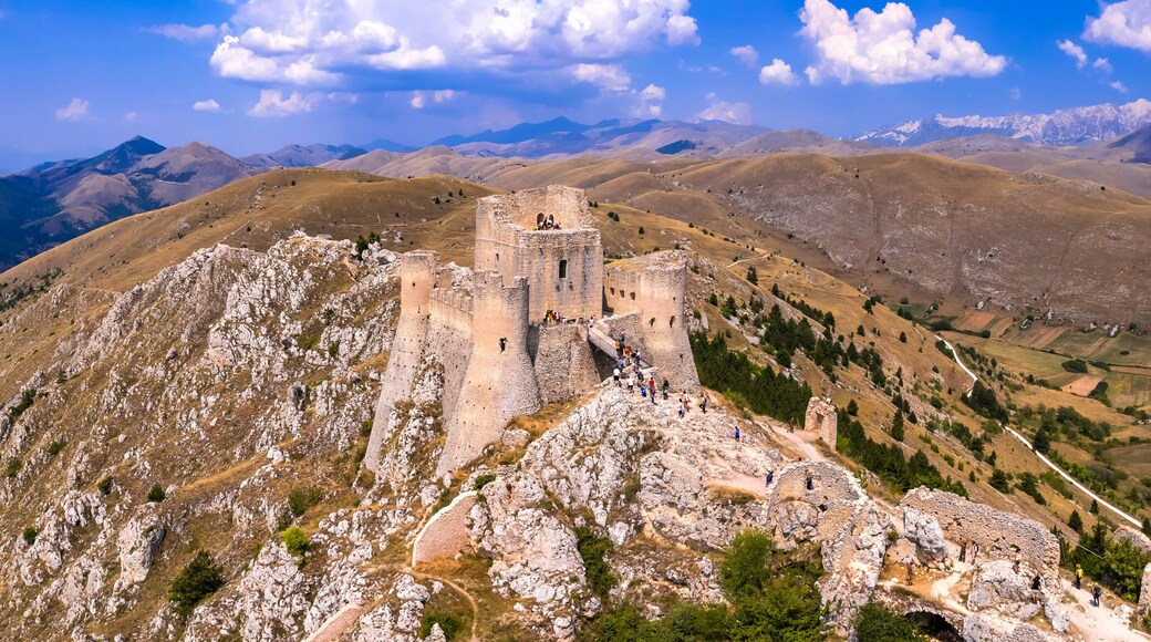 Abruzzo, Italy . The Castle of Rocca Calascio is a mountaintop fortress or rocca in the municipality of Calascio, in the Province of L'Aquila, highest castle in Italy. aerial drone panoramic view
