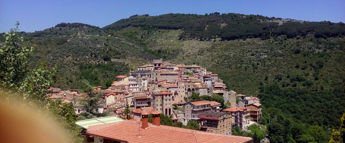 A hillside village with terracotta-roofed buildings nestled among lush green hills.