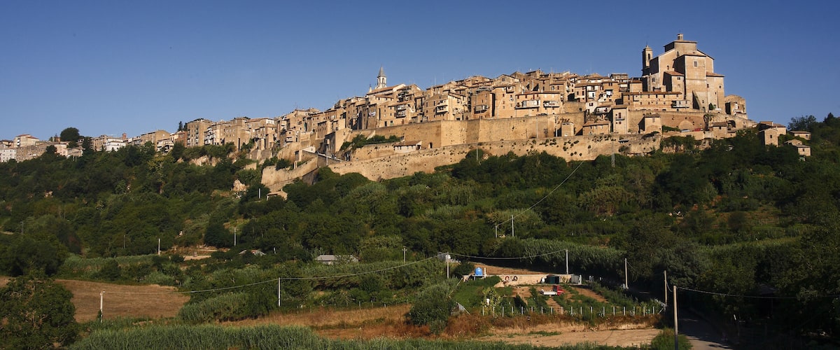 A historic walled city with a prominent church on a hill, surrounded by greenery and residential buildings.