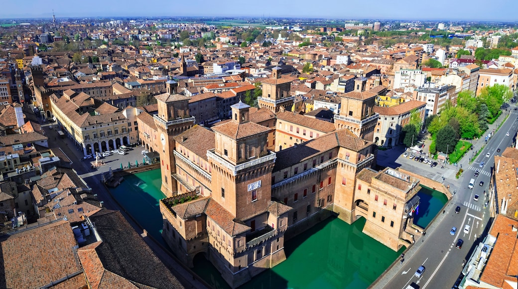 Aerial View of Castello Estense in Ferrara: Medieval Moated Castle and Renaissance Cityscape, Historic Center of Emilia-Romagna, UNESCO World Heritage Site Italy 4K High Resolution