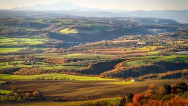 Sanfte Hügel, Felder und ferne Berge.