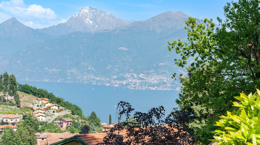 View across orange rooftops to scenic mountains