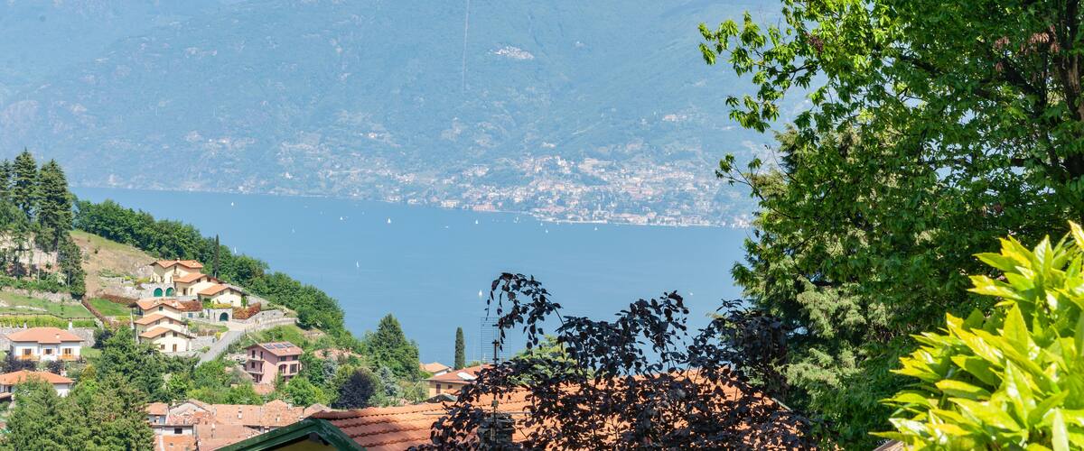 A mountainous landscape with a lake, houses, and trees.