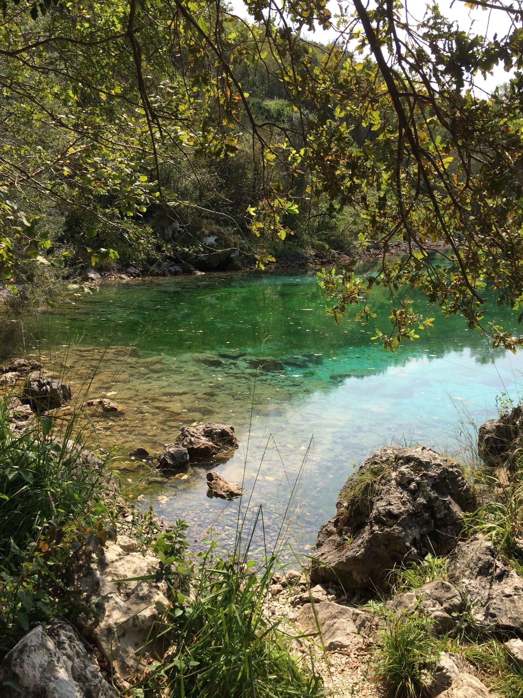 A clear, greenish lake surrounded by rocks and dense foliage.