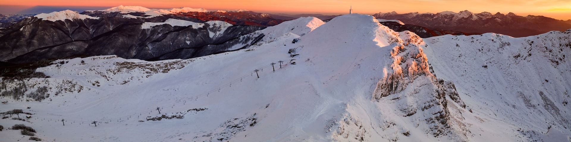Panoramic aerial view of La Nuda mountain and ski sloope, Cerreto Laghi, municipality of Ventasso, Reggio Emilia province, Emilia Romagna, Italy, Europe