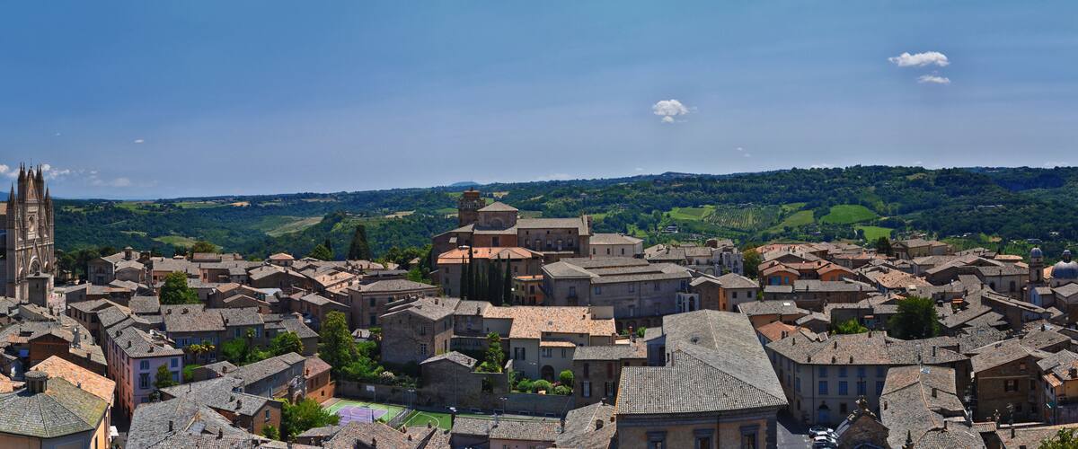A historic town with a prominent church tower, terraced vineyards, and rolling hills in the background.