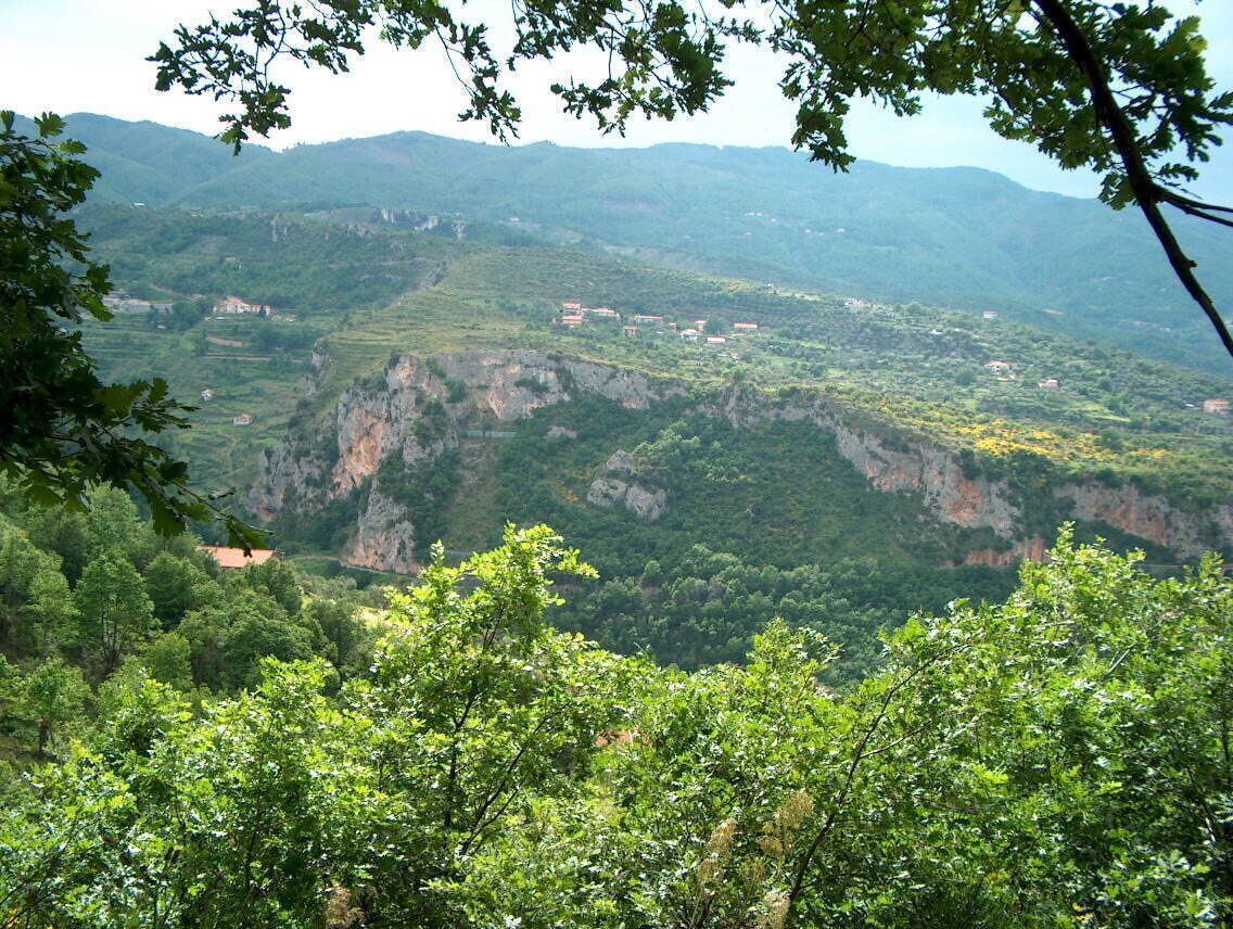 A mountainous landscape with dense green forests and scattered buildings.