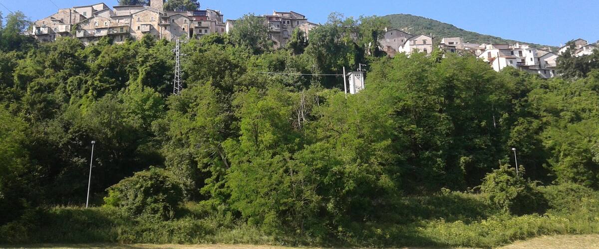 A hillside village with buildings nestled among trees and a clear blue sky.