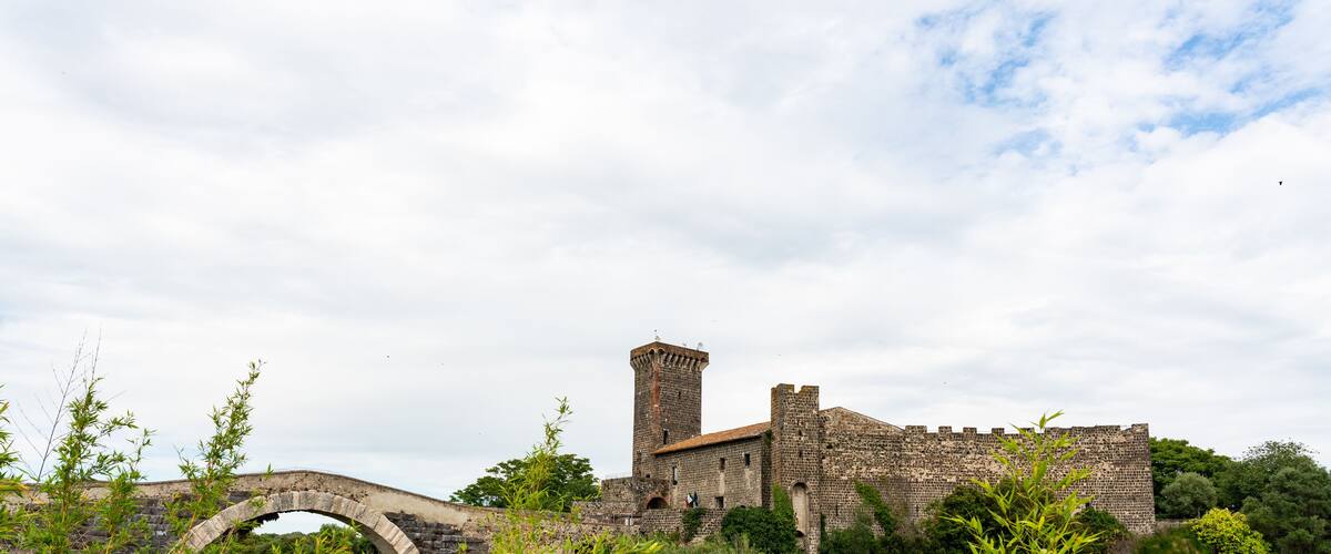 A historic stone bridge and castle surrounded by lush greenery.