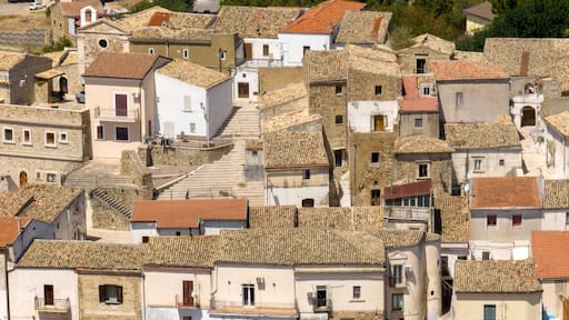 Aerial view of buildings and houses in the town of Candela, located on a hill in the province of Foggia, Puglia, Italy.