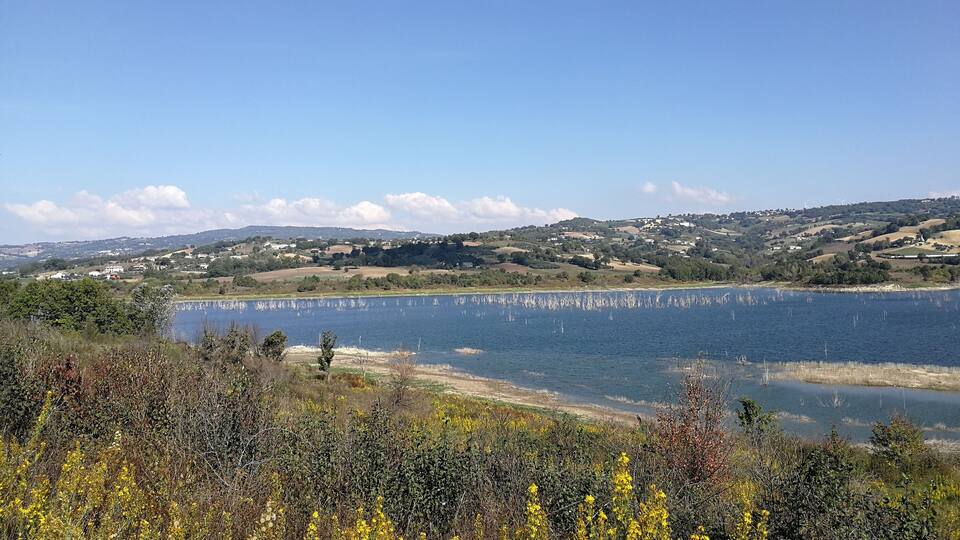 A lake with surrounding hills and sparse vegetation.