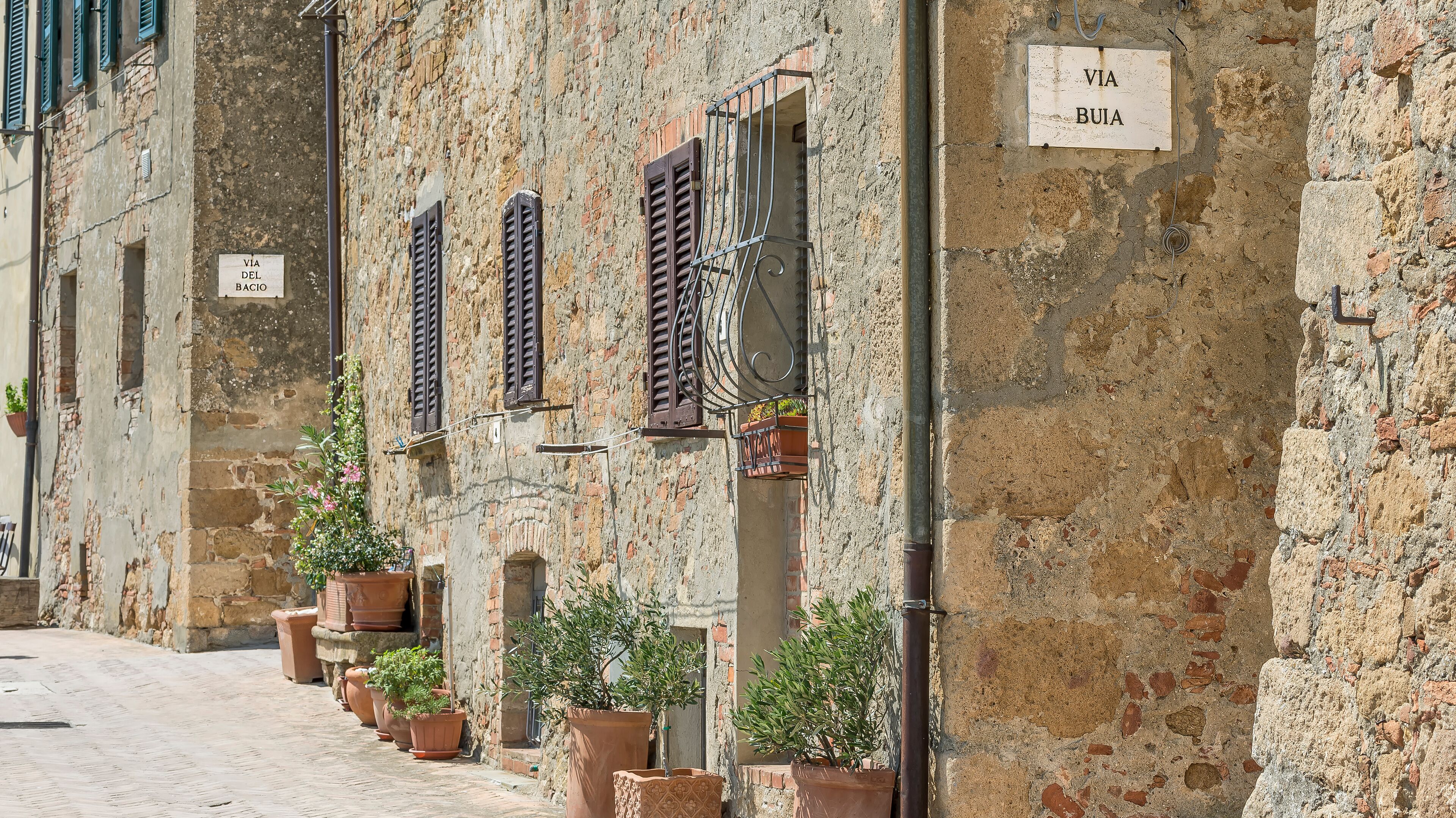 The panoramic walk of Pienza, Siena, Italy, between Via Buia and Via del Bacio on a sunny day