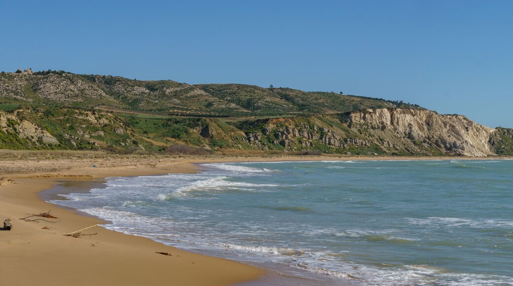 Panoramic view of beach at nature reserve of Torre Salsa on a sunny day, Sicily, Italy