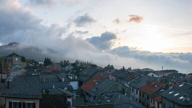 Panoramic aerial view of Berceto during sunset, village in the italian Apennines