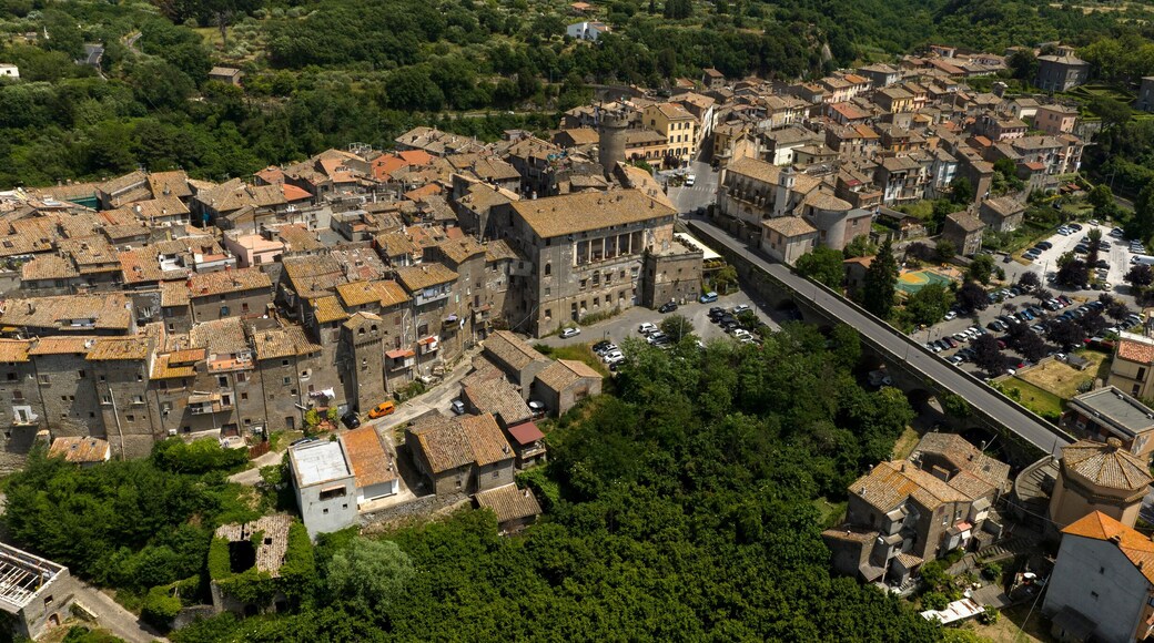 Aerial view of the village of Bagnaia, Italy. It is a hamlet of the town of Viterbo, in Lazio, located in the middle of the greenery.