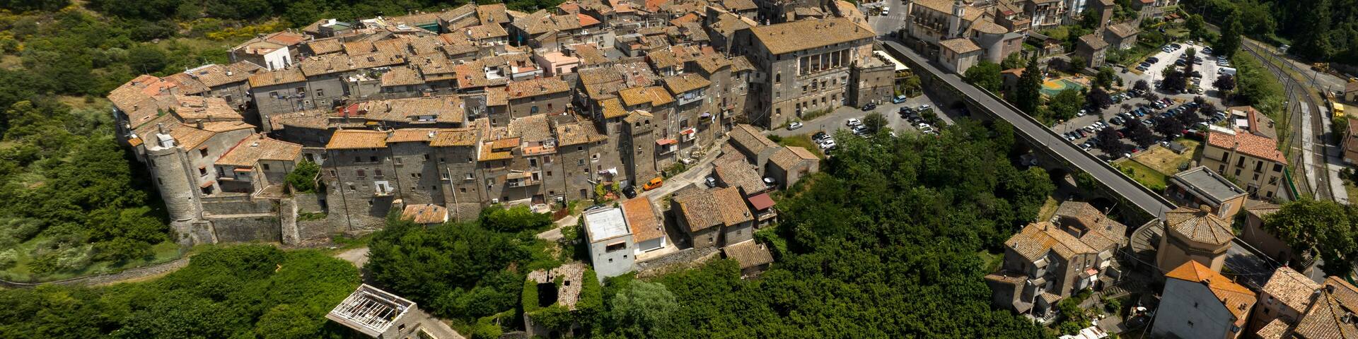 Aerial view of the village of Bagnaia, Italy. It is a hamlet of the town of Viterbo, in Lazio, located in the middle of the greenery.