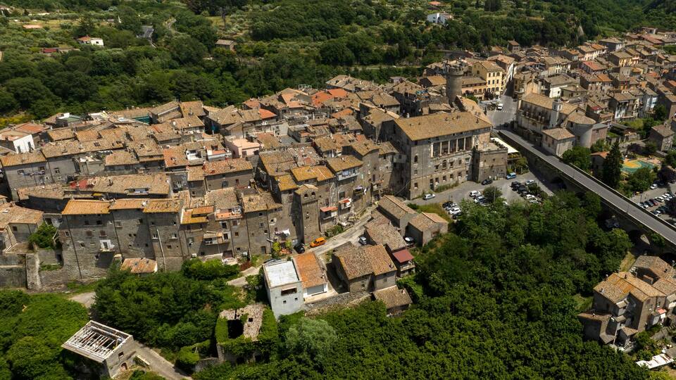 An aerial view of a historic town with medieval architecture, a prominent castle, and a bridge.