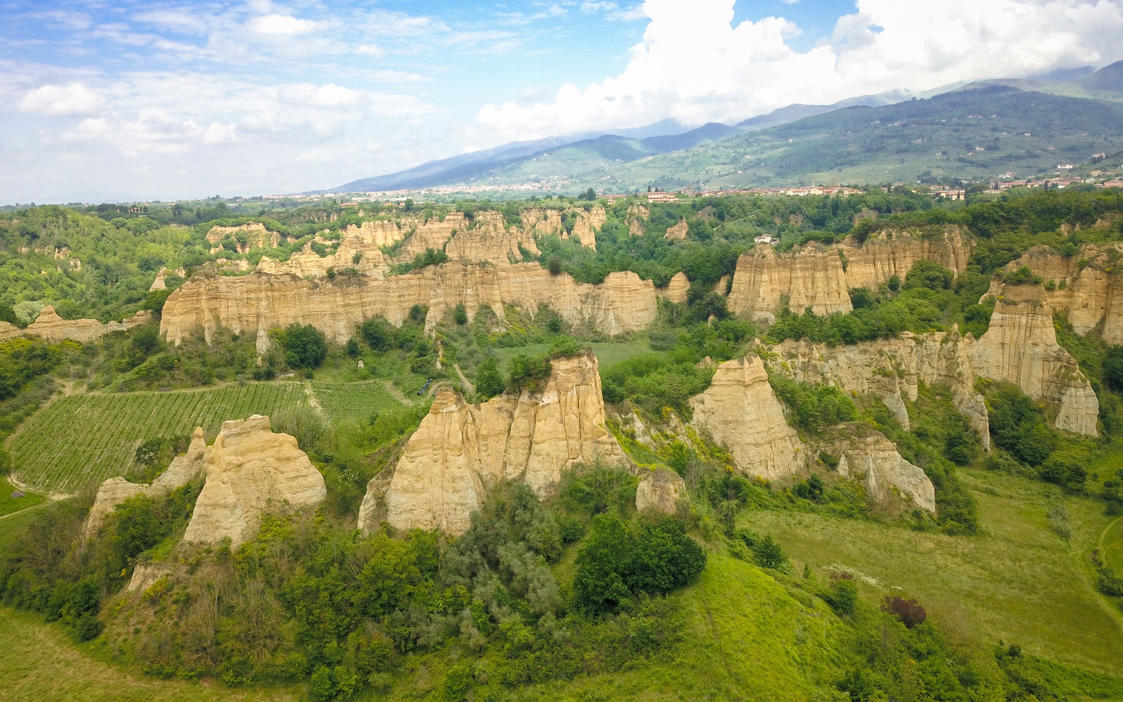 A landscape with rugged, eroded rock formations and a distant town.