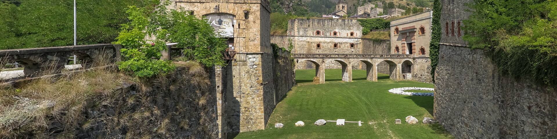 Fort Albertino di Vinadio, located in the valley of the river Stura di Demonte, with mountains in the background, commune of Vinadio, Piedmont region, province of Cuneo, Italy