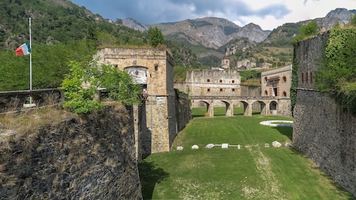 Fort Albertino di Vinadio, located in the valley of the river Stura di Demonte, with mountains in the background, commune of Vinadio, Piedmont region, province of Cuneo, Italy