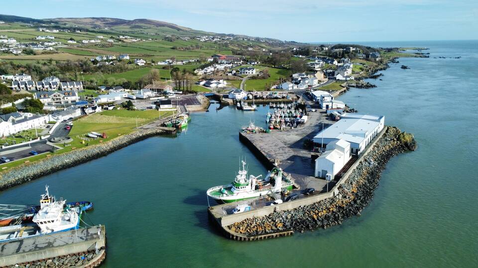 A coastal town with a marina, houses, and a lighthouse.