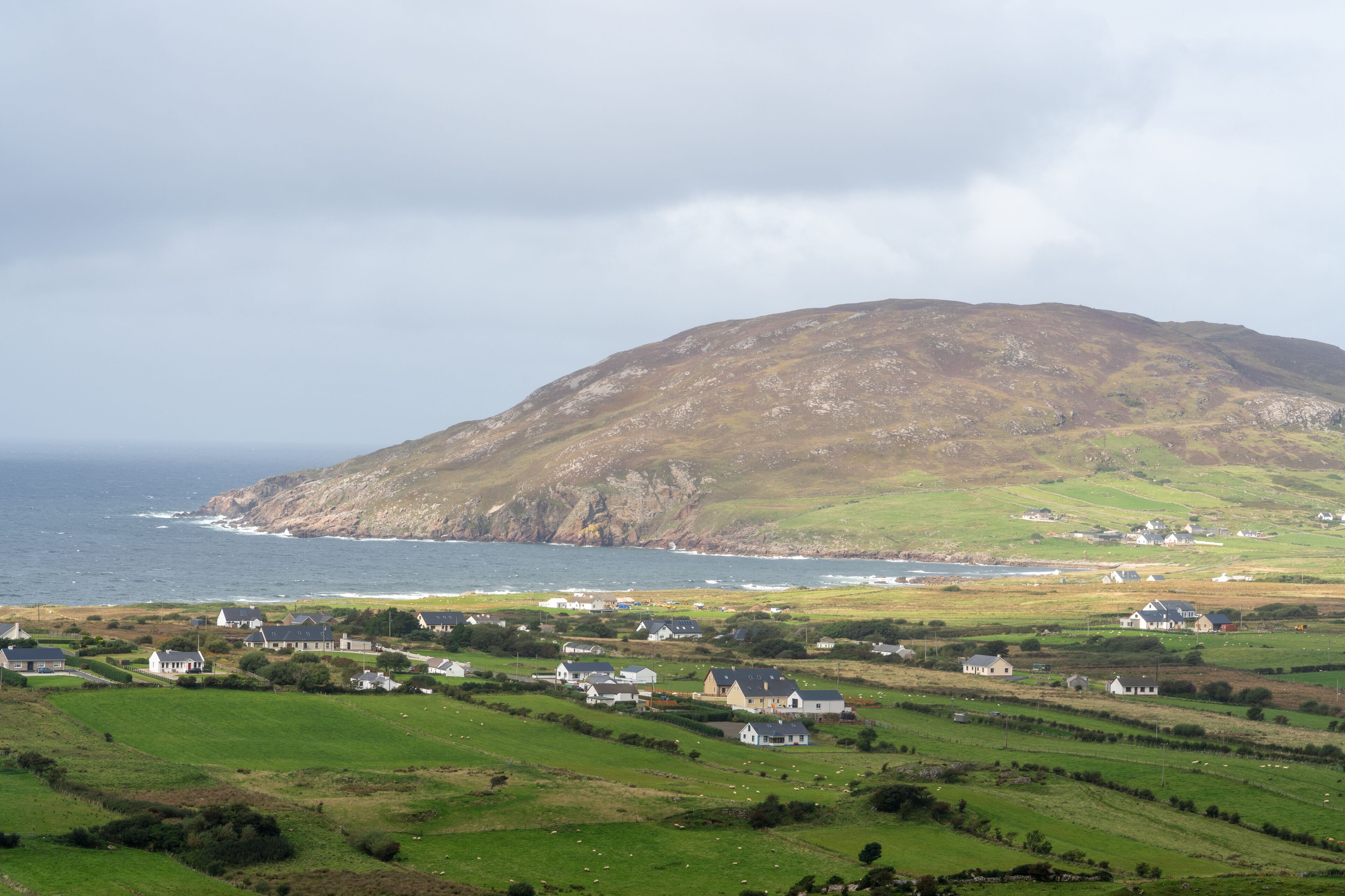 View towards the village of Lenan Bay, near Clonmany, from Dunaff, Mamore Gap, Inishowen, Country Donegal, Ireland