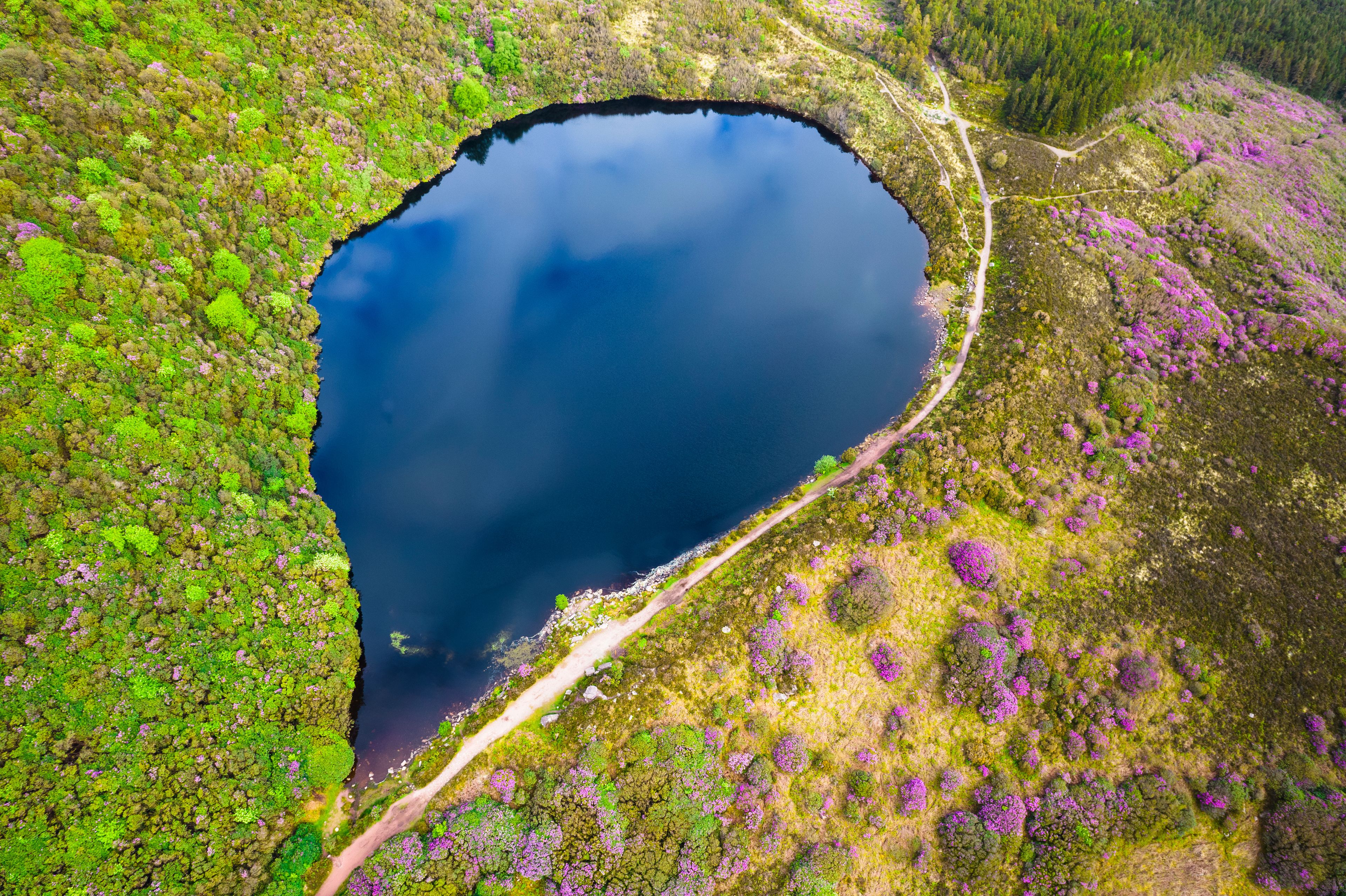 Bay Lough lake in Clogheen, county Tipperary in Ireland. The lake sits on a slope in the midst of the Knockmealdown mountains, looks like a mirror due to its black water and is surrounded by green for