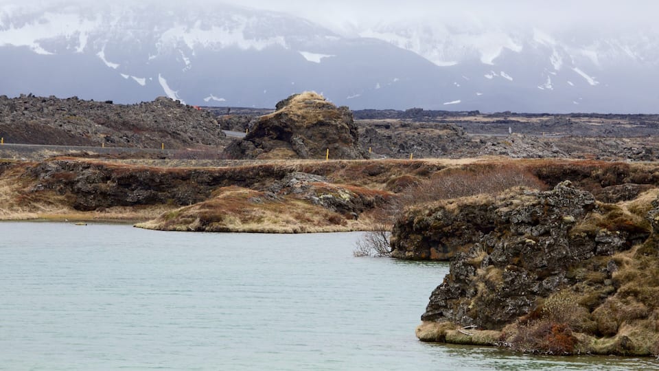 A rocky landscape with a body of water, mountains in the background, and sparse vegetation.