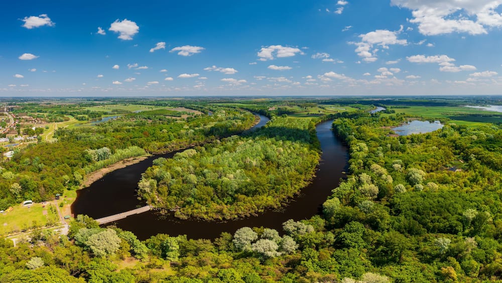 Backwater of Tisza river in Hungary. Amazing aerial panoramic photo about a famous nature area in Near by Kecskemet city next to Toserdo village.