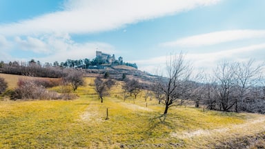 Watchtower of Boldogkő or Boldogko fortress with Boldogkővárallja village near tokaj region in Hungary