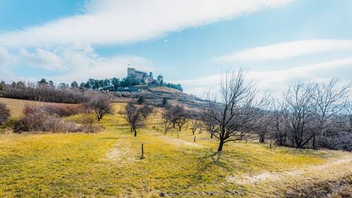 Watchtower of Boldogkő or Boldogko fortress with Boldogkővárallja village near tokaj region in Hungary