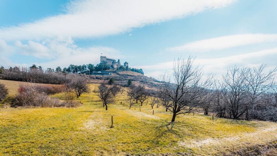 Watchtower of Boldogkő or Boldogko fortress with Boldogkővárallja village near tokaj region in Hungary