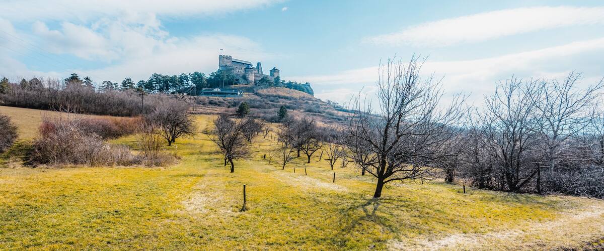 A castle on a hill with a clear sky.