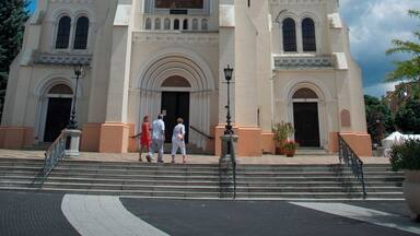 Church on the main square. Kaposvar is a small city/town. Home of the painter Rippl Ronai