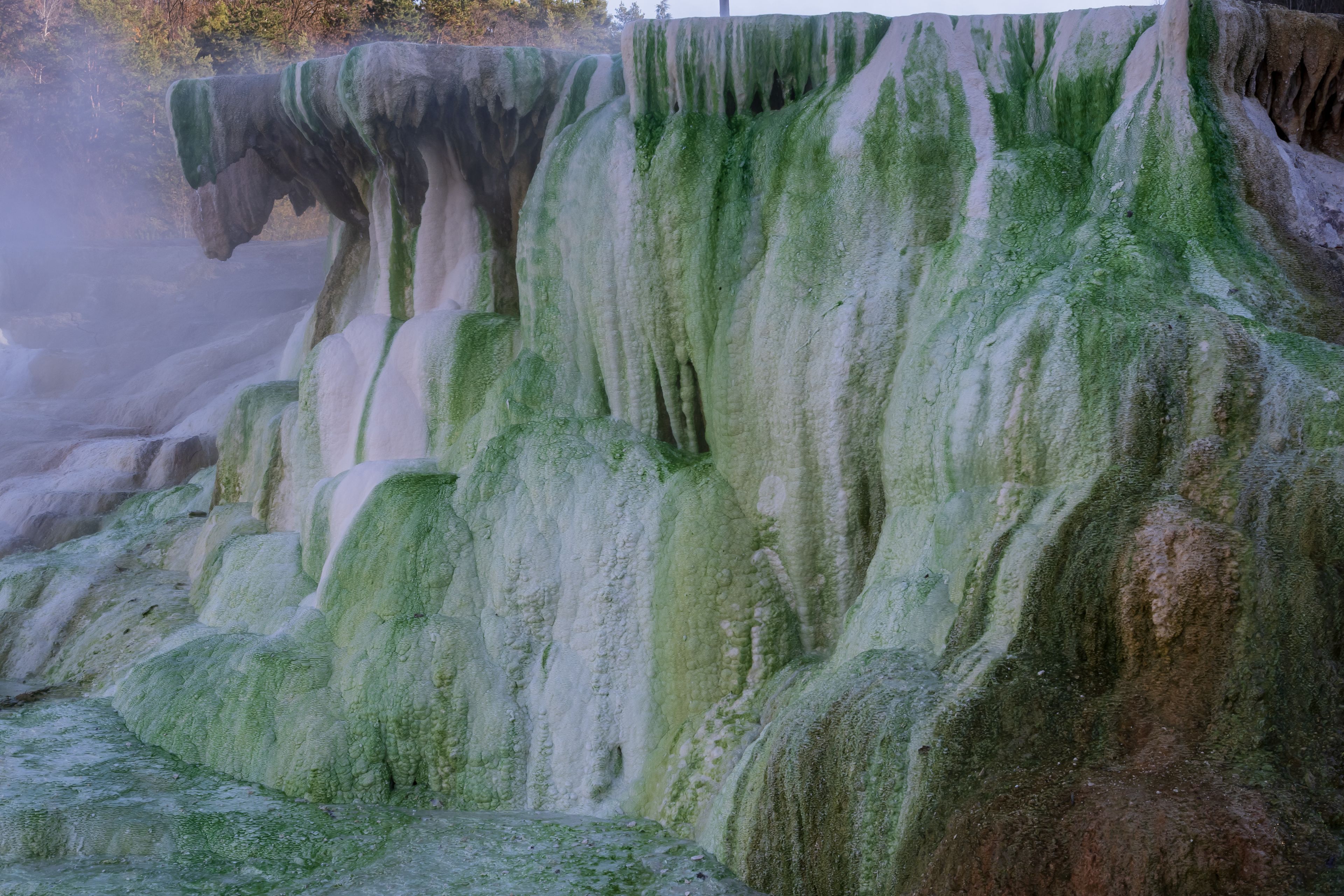 Egerszalók thermal terraces with green mineral layers and steam, showing unique natural geothermal formations and textured slopes.